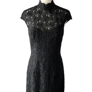 Carmen Marc Valvo Beaded Black Floral Lace Dress - Size 10